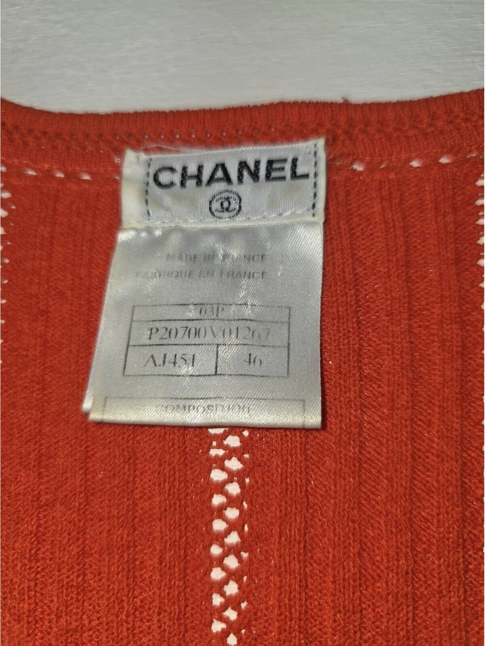 Vintage Chanel Monogram CC Knit Short Sleeve Ribbed Top Red Size 46 MINT
